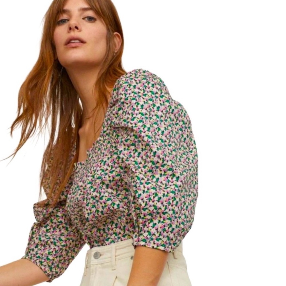 H&M Smocked Square Neck‎ Puff Sleeve Floral Print Top Size S